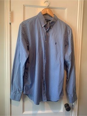 Ralph Lauren Mens Classic Fit Blue and White Plaid Button Down Shirt 16 1/2 Neck